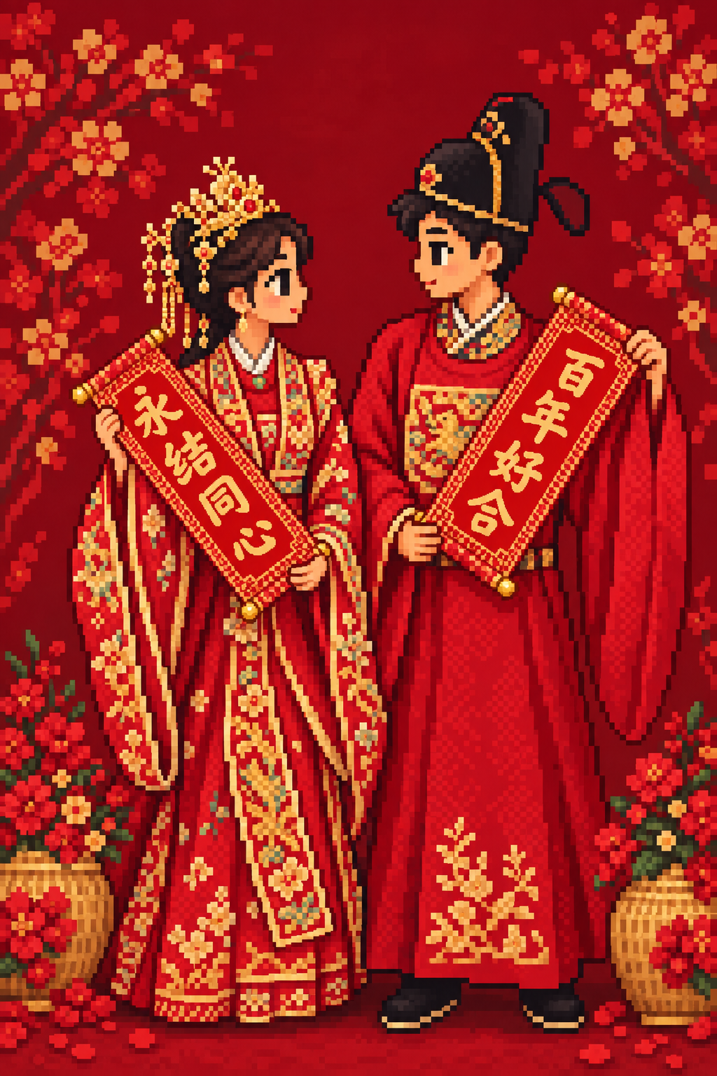 星小帅与星小美身着红色中式礼服，手持喜庆卷轴相望的像素插画