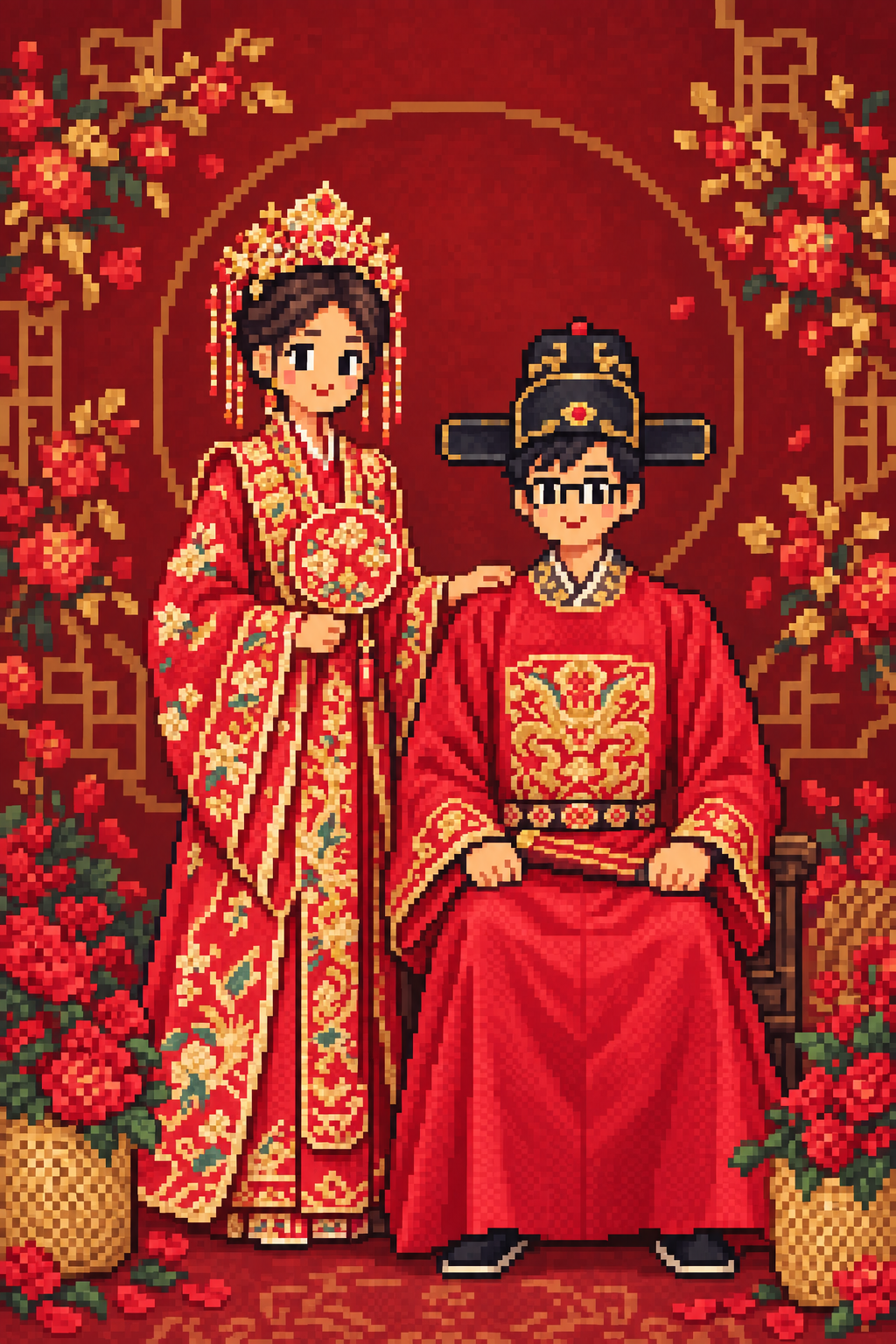 星小帅与星小美身着红色中式礼服，一坐一立的像素插画